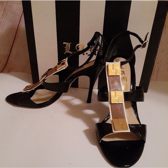 L.A.M.B. Shoes - L.A.M.B. Black/White Patent Leather Sandals Gold Greek Key Detail 8.5M Ret.$235